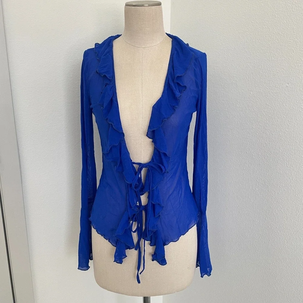 Cardigan Top Women XL Royal Blue Sheer Fairy Romantic Femme Festival Boho Ruffle
